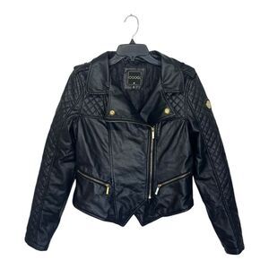 Coogi | Black Faux Leather Quilted Moto Jacket Front‎ Zip Gold Hardware Size M